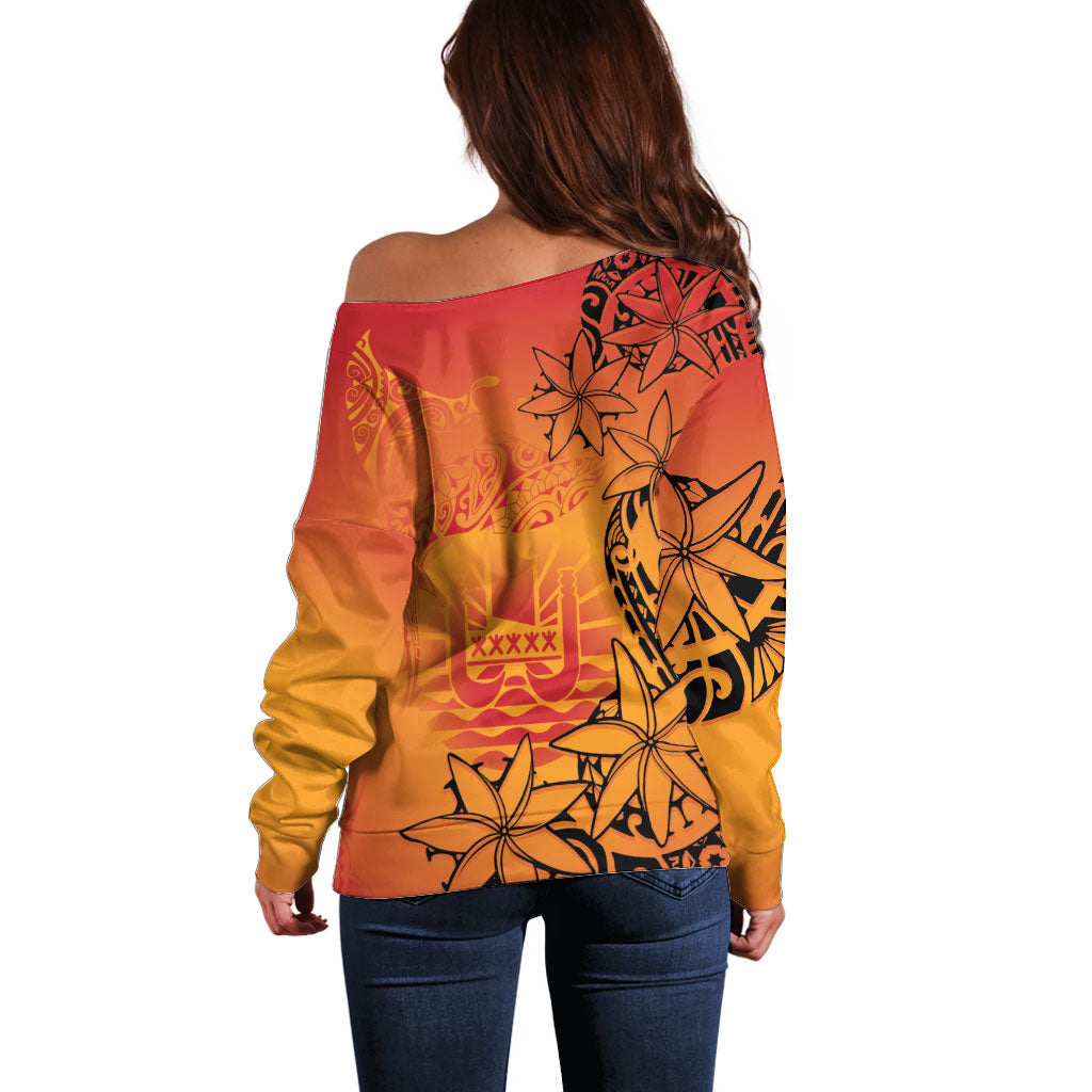 French Polynesia Manta Ray Tattoo Off Shoulder Sweater Tahiti Hahalua Tiare Maori Gradient Style