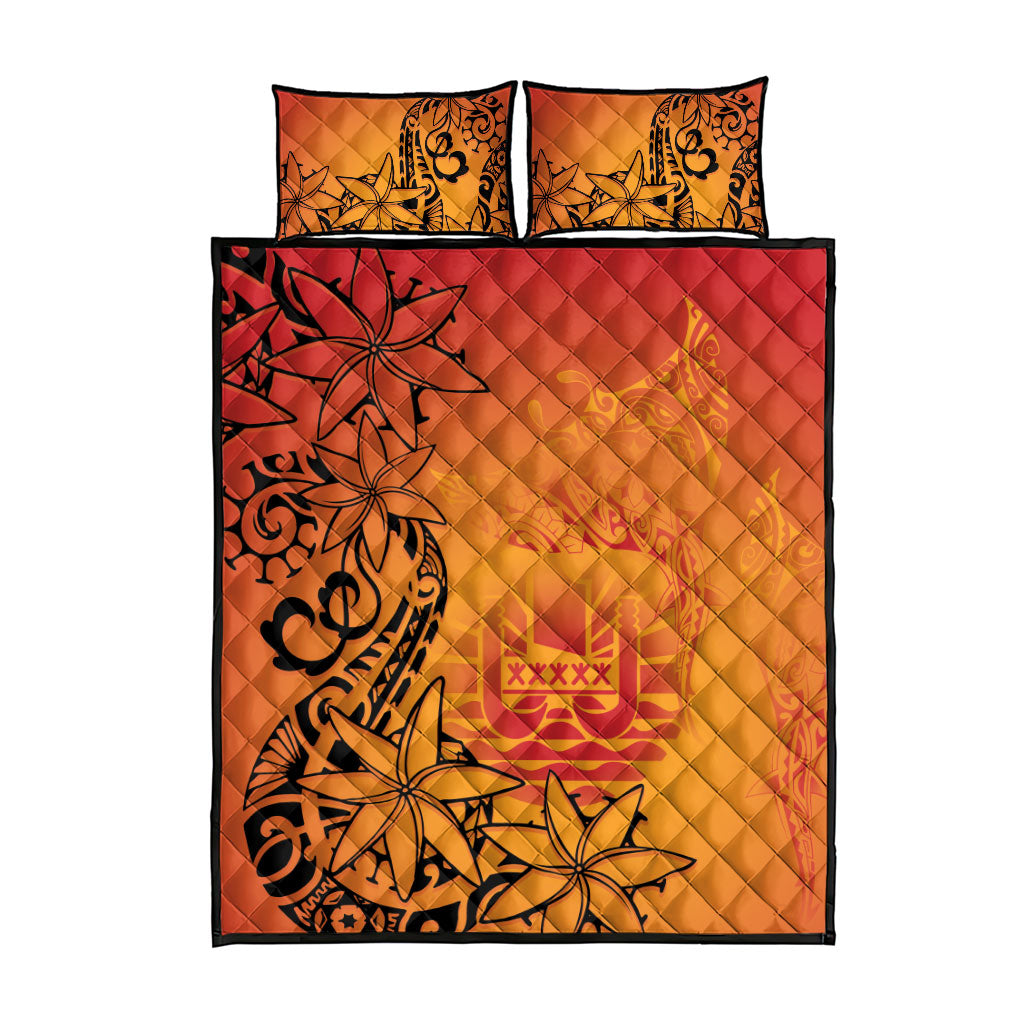 French Polynesia Manta Ray Tattoo Quilt Bed Set Tahiti Hahalua Tiare Maori Gradient Style