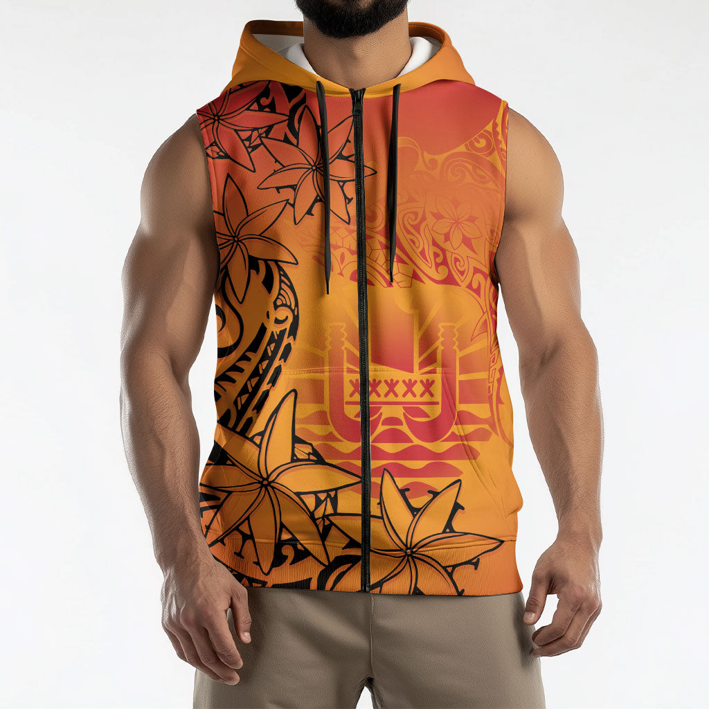 French Polynesia Manta Ray Tattoo Sleeveless Zip Hoodie Tahiti Hahalua Tiare Maori Gradient Style LT14 - Polynesian Pride