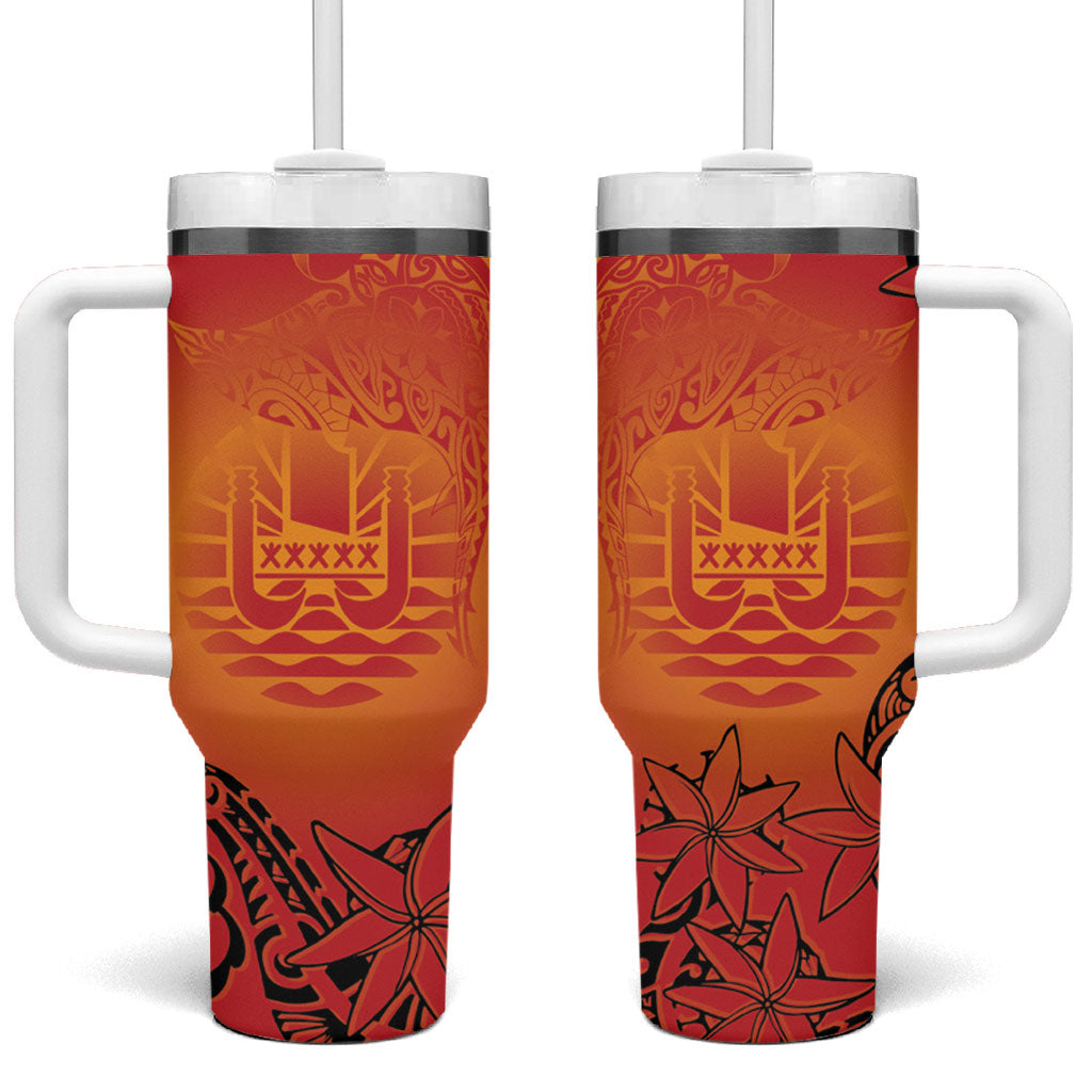 French Polynesia Manta Ray Tattoo Tumbler With Handle Tahiti Hahalua Tiare Maori Gradient Style
