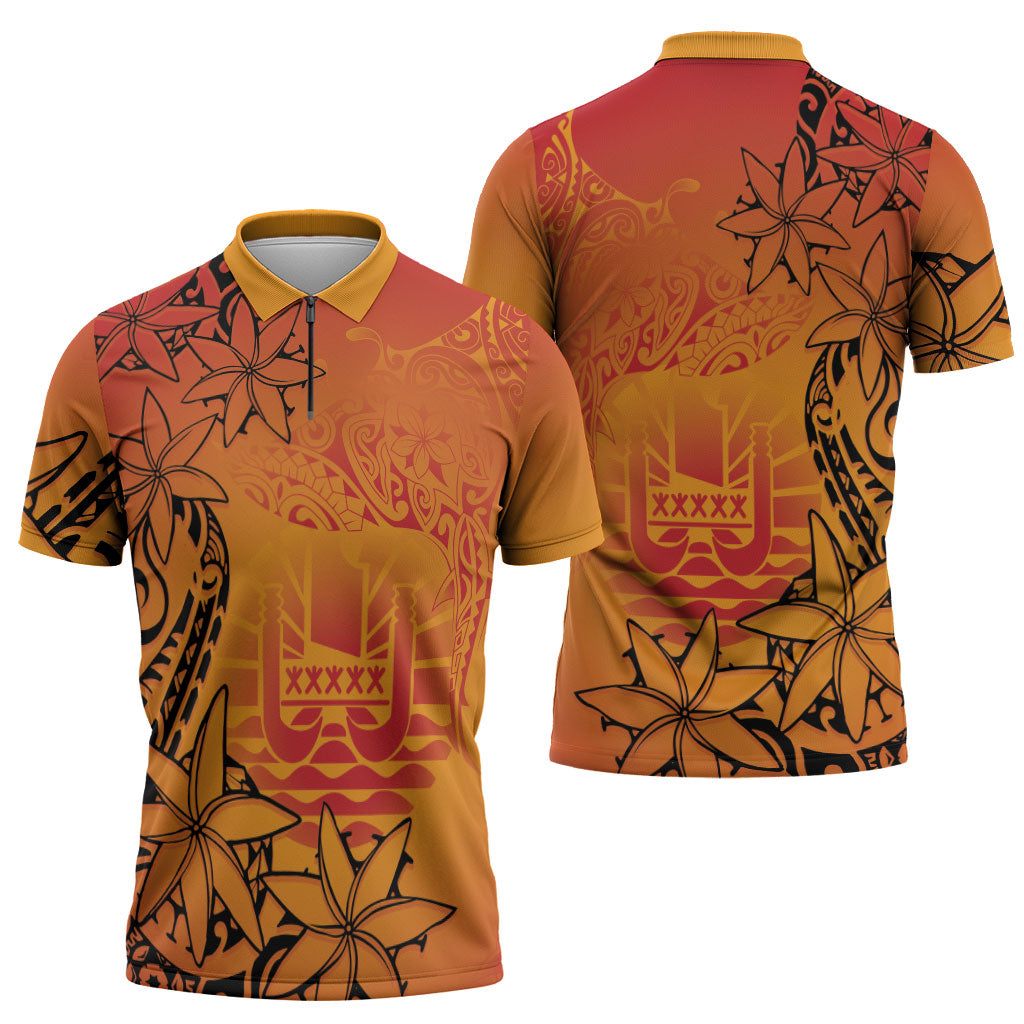 French Polynesia Manta Ray Tattoo Zipper Polo Shirt Tahiti Hahalua Tiare Maori Gradient Style LT14 - Polynesian Pride