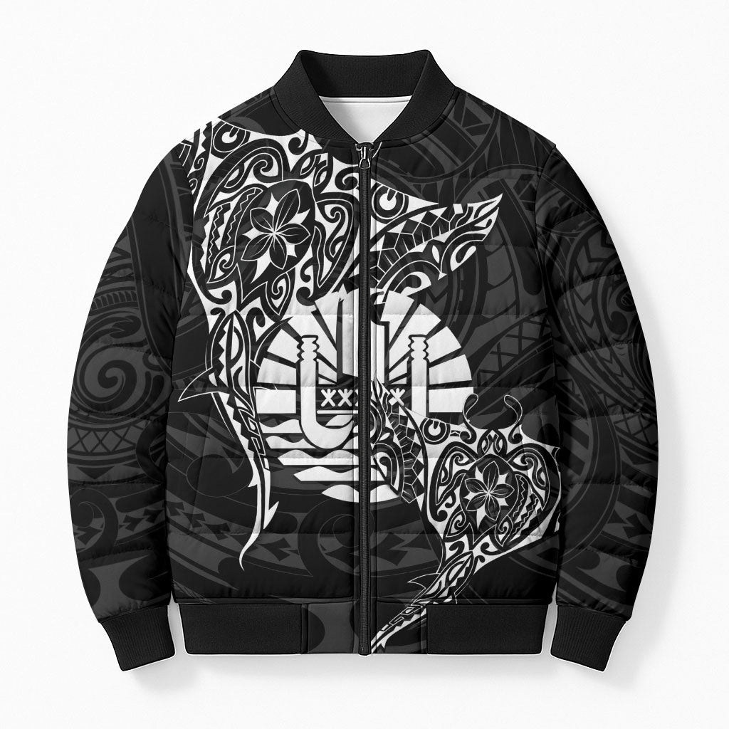French Polynesia Manta Ray Tattoo Bomber Puffer Jacket Tahiti Hahalua Turtle Shark Black Color LT14 Unisex Black - Polynesian Pride