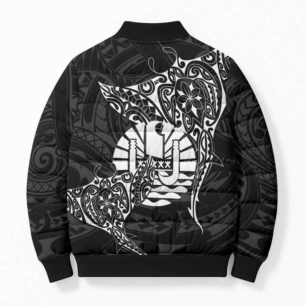 French Polynesia Manta Ray Tattoo Bomber Puffer Jacket Tahiti Hahalua Turtle Shark Black Color LT14 - Polynesian Pride