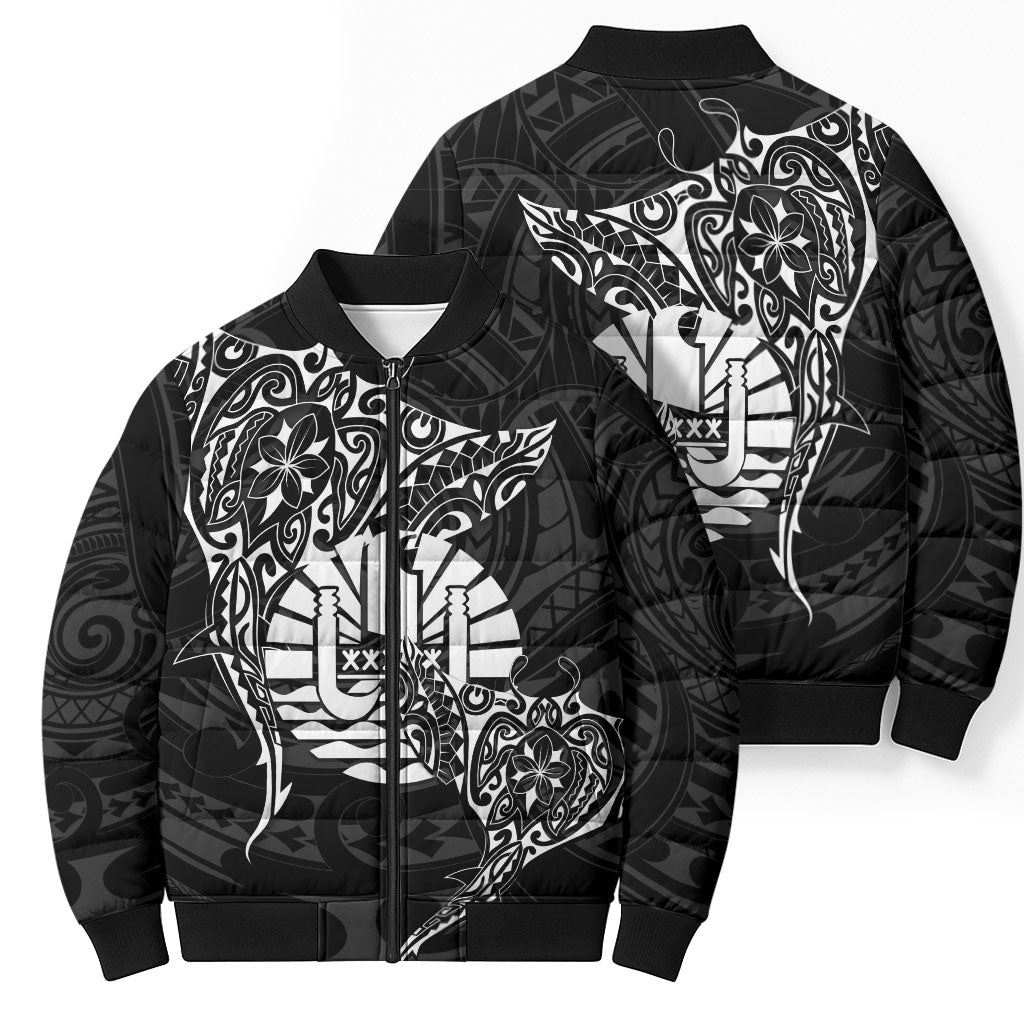 French Polynesia Manta Ray Tattoo Bomber Puffer Jacket Tahiti Hahalua Turtle Shark Black Color LT14 - Polynesian Pride