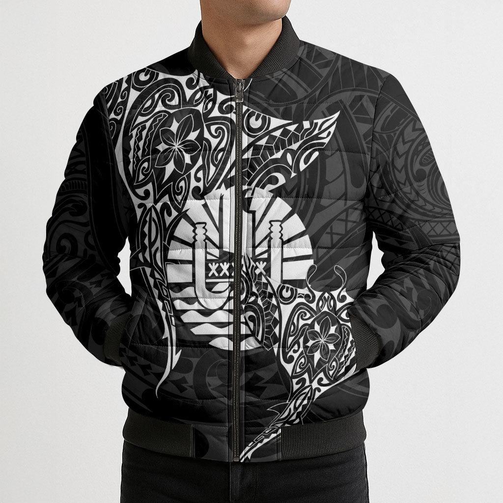 French Polynesia Manta Ray Tattoo Bomber Puffer Jacket Tahiti Hahalua Turtle Shark Black Color LT14 - Polynesian Pride