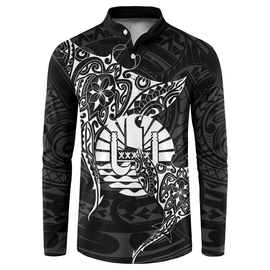 French Polynesia Manta Ray Tattoo Button Sweatshirt Tahiti Hahalua Turtle Shark Black Color