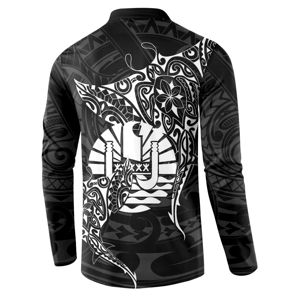 French Polynesia Manta Ray Tattoo Button Sweatshirt Tahiti Hahalua Turtle Shark Black Color