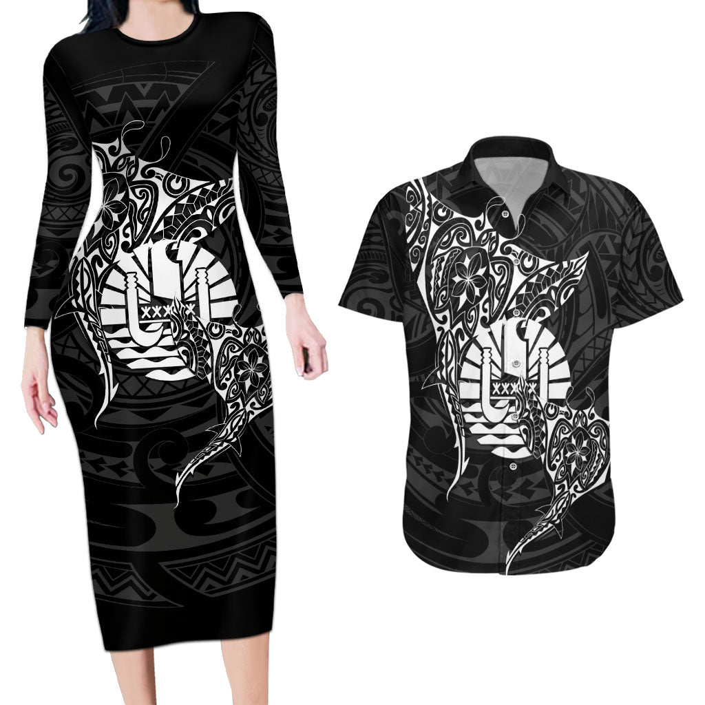 French Polynesia Manta Ray Tattoo Couples Matching Long Sleeve Bodycon Dress and Hawaiian Shirt Tahiti Hahalua Turtle Shark Black Color LT14 Black - Polynesian Pride