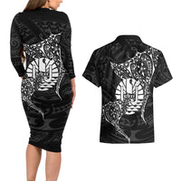 French Polynesia Manta Ray Tattoo Couples Matching Long Sleeve Bodycon Dress and Hawaiian Shirt Tahiti Hahalua Turtle Shark Black Color LT14 - Polynesian Pride