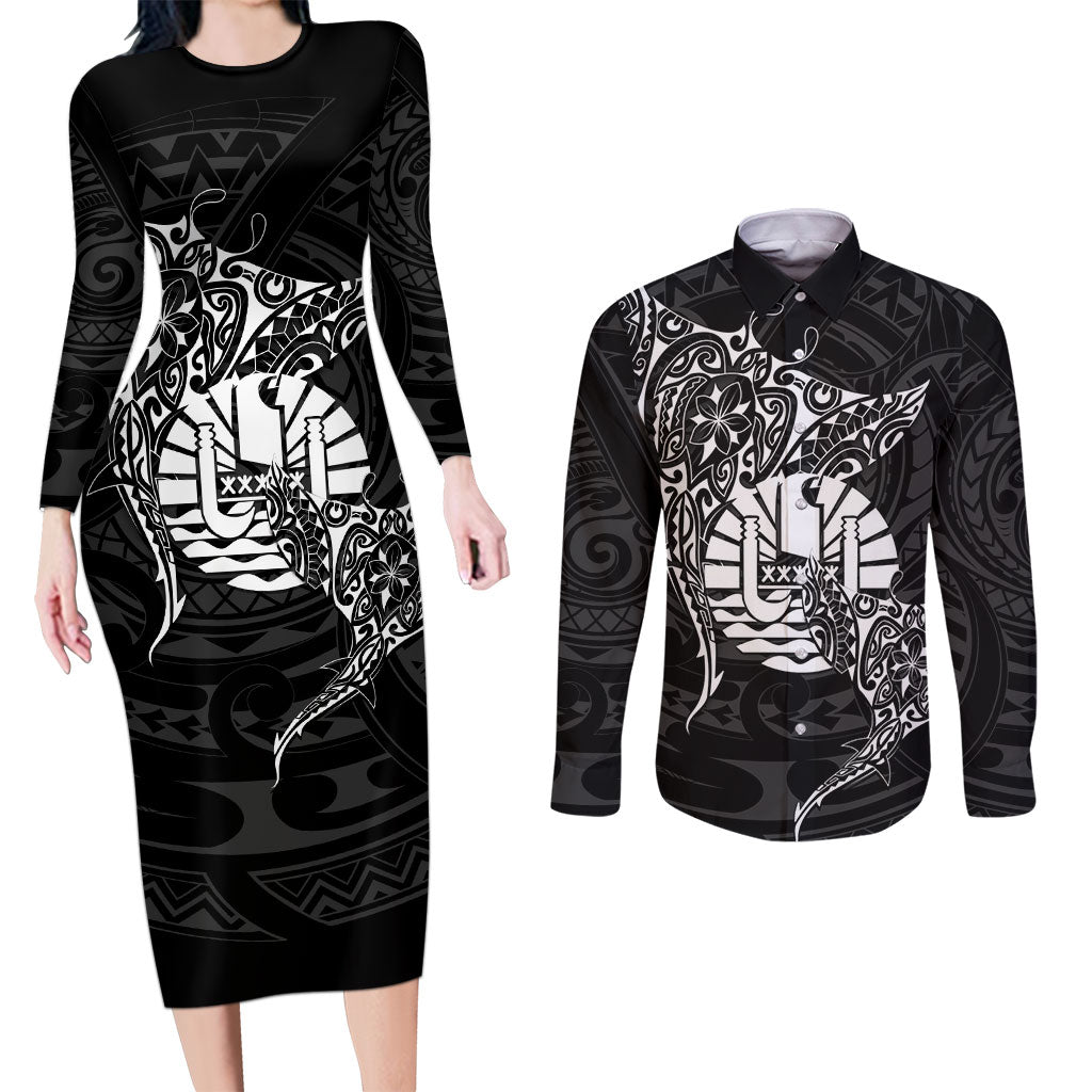 French Polynesia Manta Ray Tattoo Couples Matching Long Sleeve Bodycon Dress and Long Sleeve Button Shirt Tahiti Hahalua Turtle Shark Black Color