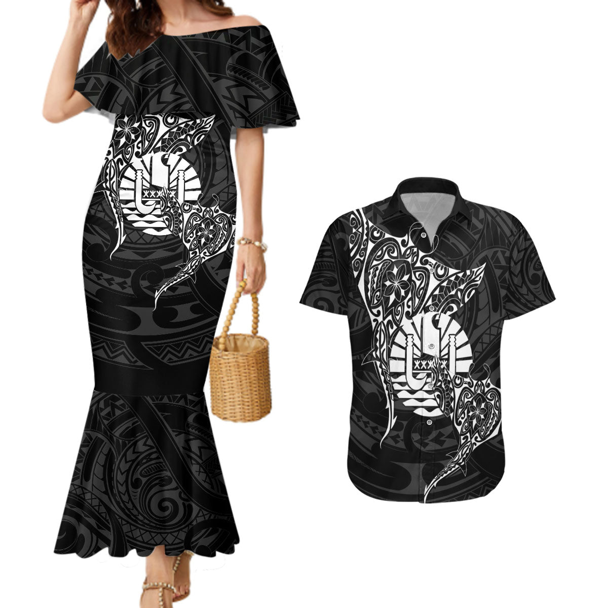 French Polynesia Manta Ray Tattoo Couples Matching Mermaid Dress and Hawaiian Shirt Tahiti Hahalua Turtle Shark Black Color