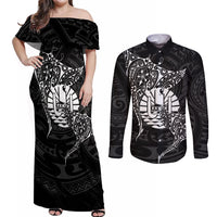 French Polynesia Manta Ray Tattoo Couples Matching Off Shoulder Maxi Dress and Long Sleeve Button Shirt Tahiti Hahalua Turtle Shark Black Color LT14 Black - Polynesian Pride