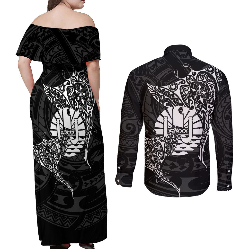 French Polynesia Manta Ray Tattoo Couples Matching Off Shoulder Maxi Dress and Long Sleeve Button Shirt Tahiti Hahalua Turtle Shark Black Color LT14 - Polynesian Pride