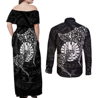 French Polynesia Manta Ray Tattoo Couples Matching Off Shoulder Maxi Dress and Long Sleeve Button Shirt Tahiti Hahalua Turtle Shark Black Color LT14 - Polynesian Pride