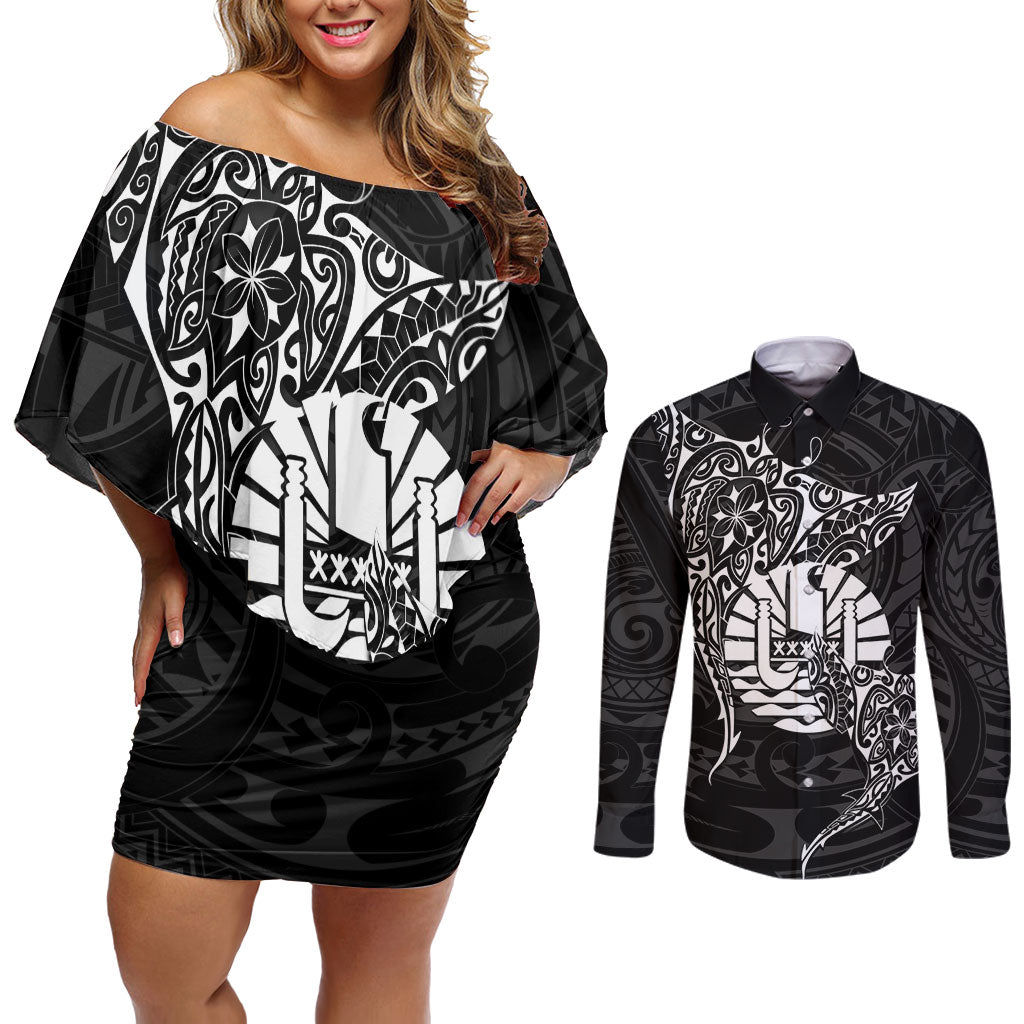 French Polynesia Manta Ray Tattoo Couples Matching Off Shoulder Short Dress and Long Sleeve Button Shirt Tahiti Hahalua Turtle Shark Black Color