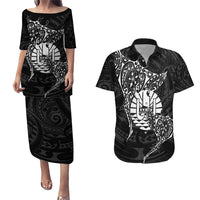 French Polynesia Manta Ray Tattoo Couples Matching Puletasi and Hawaiian Shirt Tahiti Hahalua Turtle Shark Black Color LT14 Black - Polynesian Pride