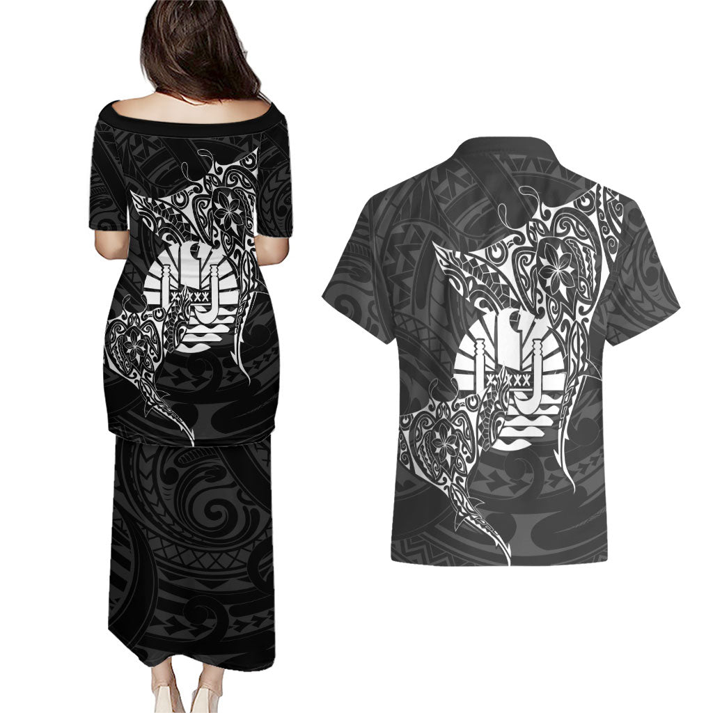 French Polynesia Manta Ray Tattoo Couples Matching Puletasi and Hawaiian Shirt Tahiti Hahalua Turtle Shark Black Color LT14 - Polynesian Pride