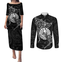 French Polynesia Manta Ray Tattoo Couples Matching Puletasi and Long Sleeve Button Shirt Tahiti Hahalua Turtle Shark Black Color LT14 Black - Polynesian Pride