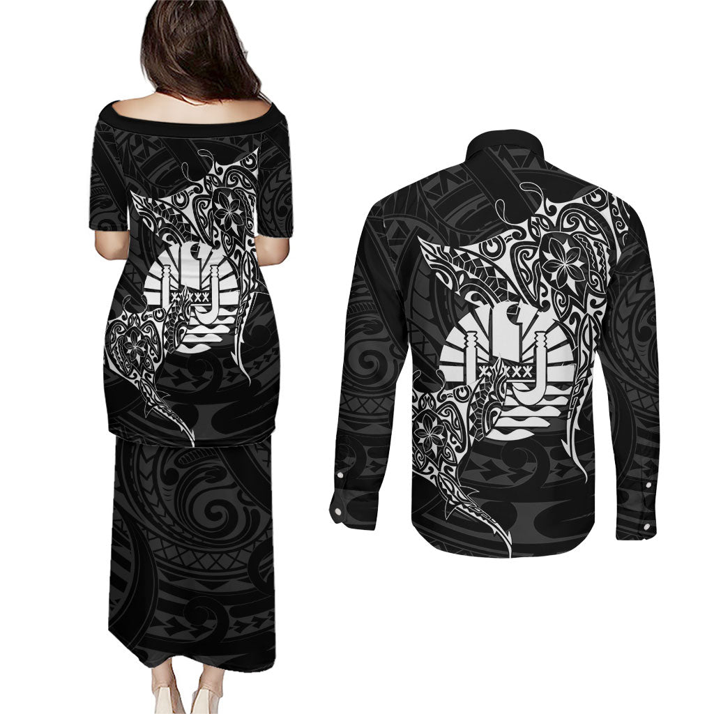 French Polynesia Manta Ray Tattoo Couples Matching Puletasi and Long Sleeve Button Shirt Tahiti Hahalua Turtle Shark Black Color LT14 - Polynesian Pride