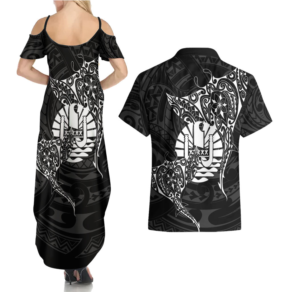 French Polynesia Manta Ray Tattoo Couples Matching Summer Maxi Dress and Hawaiian Shirt Tahiti Hahalua Turtle Shark Black Color