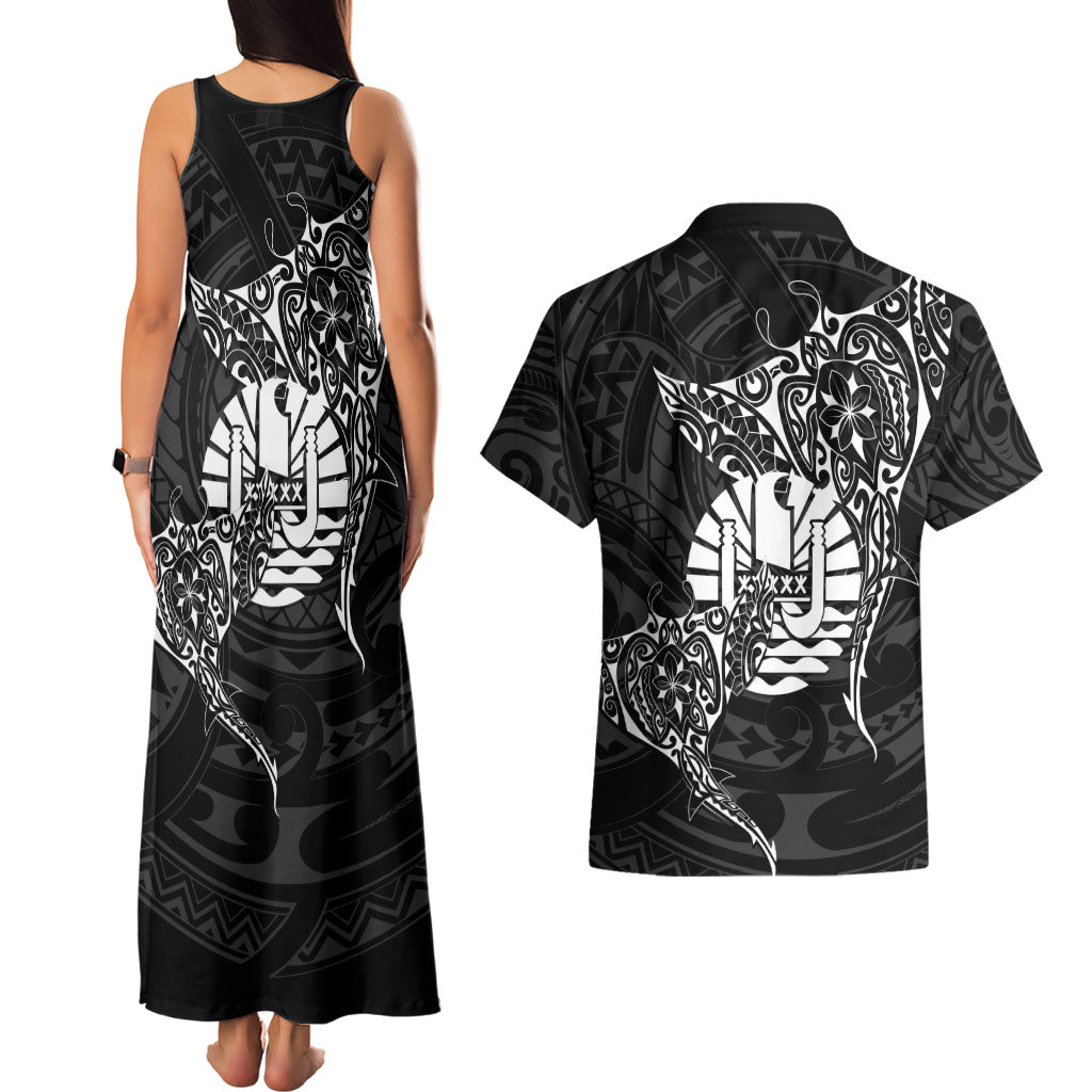 French Polynesia Manta Ray Tattoo Couples Matching Tank Maxi Dress and Hawaiian Shirt Tahiti Hahalua Turtle Shark Black Color