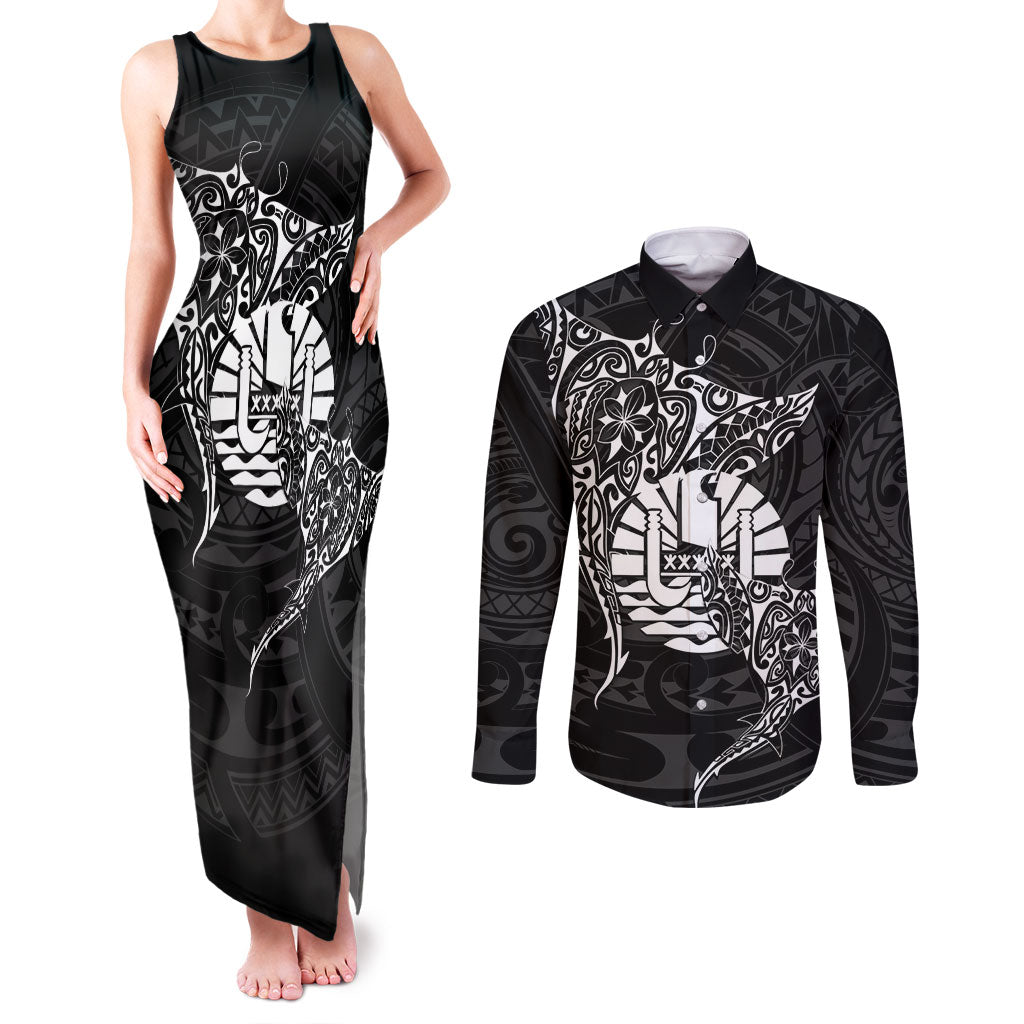 French Polynesia Manta Ray Tattoo Couples Matching Tank Maxi Dress and Long Sleeve Button Shirt Tahiti Hahalua Turtle Shark Black Color