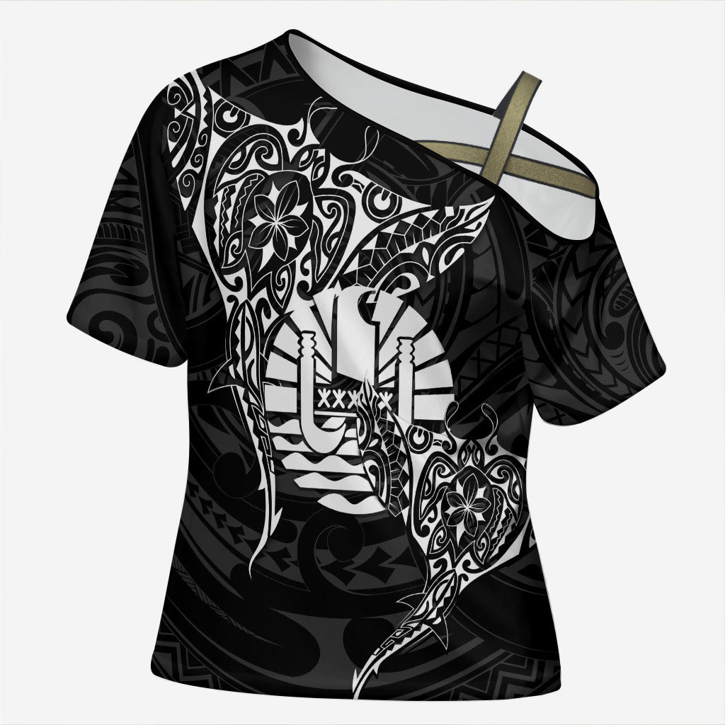 French Polynesia Manta Ray Tattoo Cross Shoulder Shirt Tahiti Hahalua Turtle Shark Black Color LT14 Female Black - Polynesian Pride