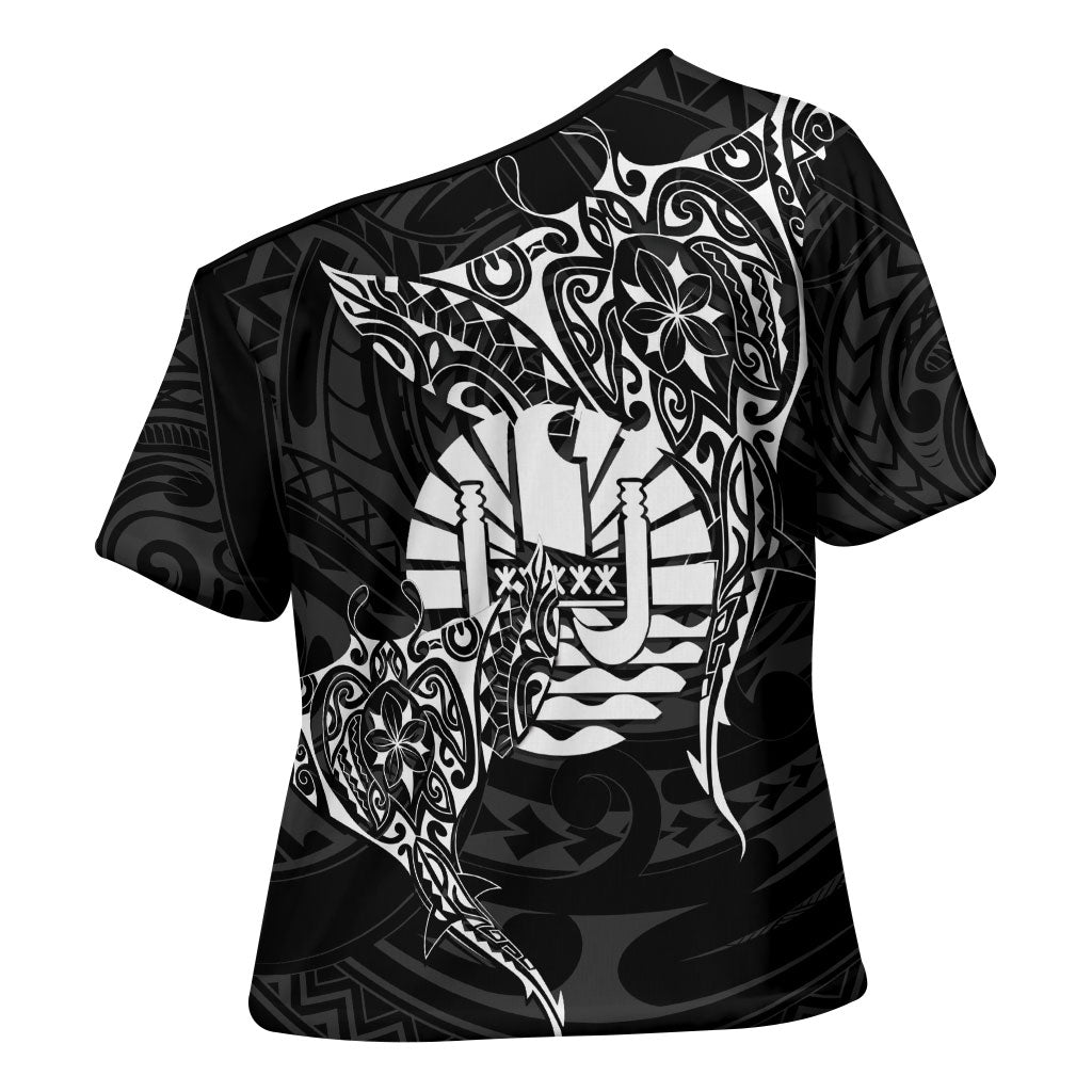 French Polynesia Manta Ray Tattoo Cross Shoulder Shirt Tahiti Hahalua Turtle Shark Black Color LT14 - Polynesian Pride
