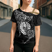 French Polynesia Manta Ray Tattoo Cross Shoulder Shirt Tahiti Hahalua Turtle Shark Black Color LT14 - Polynesian Pride