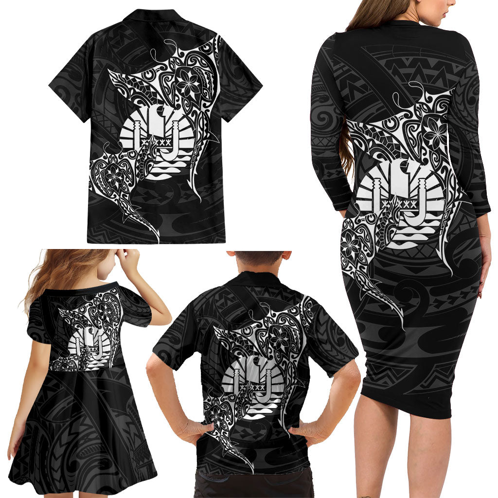 French Polynesia Manta Ray Tattoo Family Matching Long Sleeve Bodycon Dress and Hawaiian Shirt Tahiti Hahalua Turtle Shark Black Color LT14 - Polynesian Pride