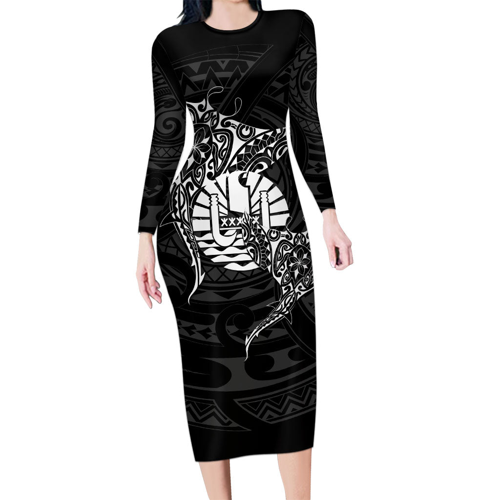 French Polynesia Manta Ray Tattoo Family Matching Long Sleeve Bodycon Dress and Hawaiian Shirt Tahiti Hahalua Turtle Shark Black Color LT14 Mom's Dress Black - Polynesian Pride