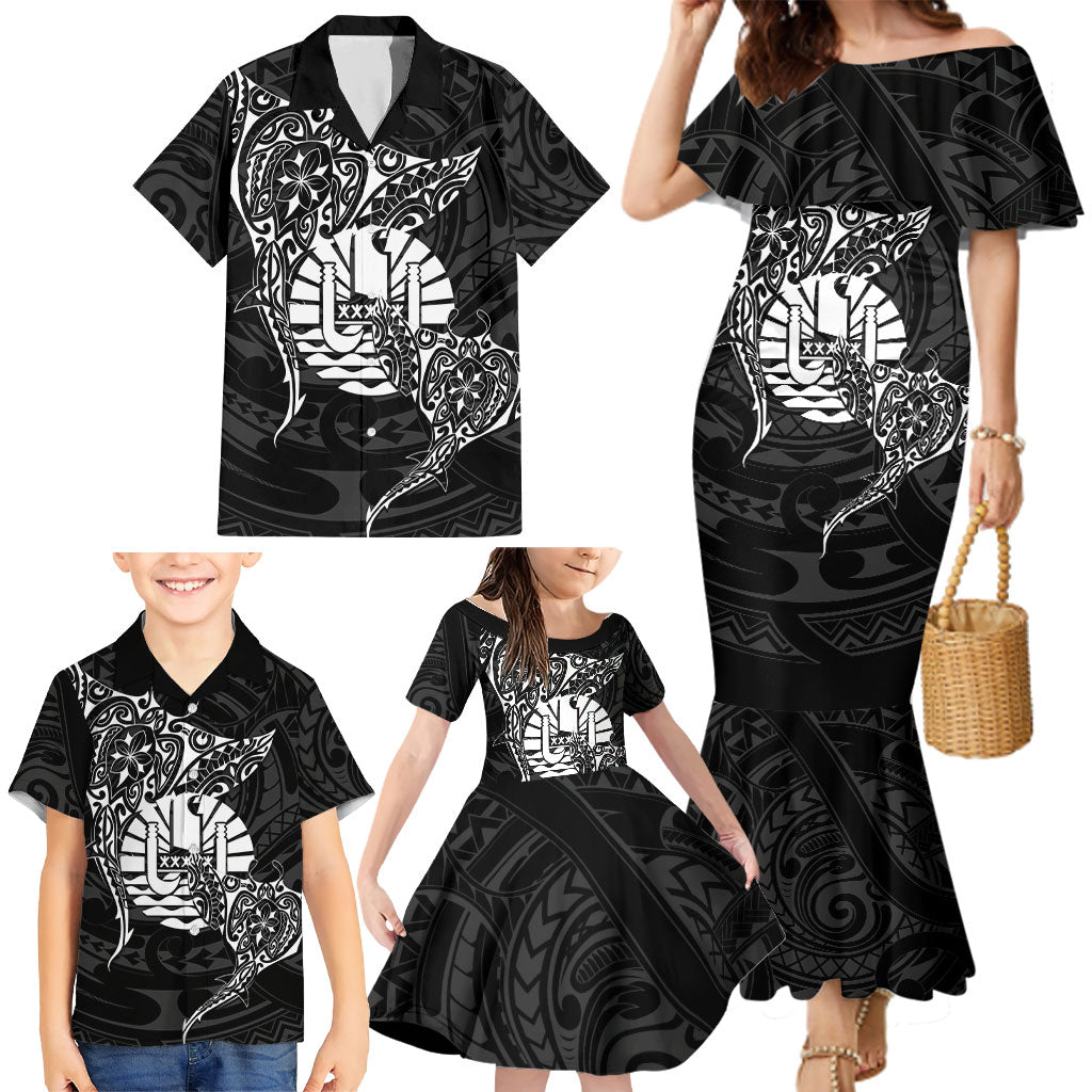 French Polynesia Manta Ray Tattoo Family Matching Mermaid Dress and Hawaiian Shirt Tahiti Hahalua Turtle Shark Black Color LT14 - Polynesian Pride