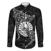 French Polynesia Manta Ray Tattoo Family Matching Off The Shoulder Long Sleeve Dress and Hawaiian Shirt Tahiti Hahalua Turtle Shark Black Color LT14 Dad's Shirt - Long Sleeve Black - Polynesian Pride