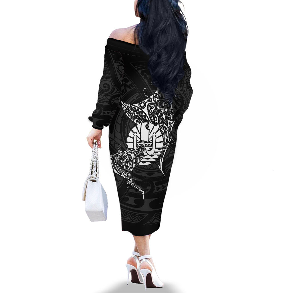 French Polynesia Manta Ray Tattoo Family Matching Off The Shoulder Long Sleeve Dress and Hawaiian Shirt Tahiti Hahalua Turtle Shark Black Color LT14 - Polynesian Pride