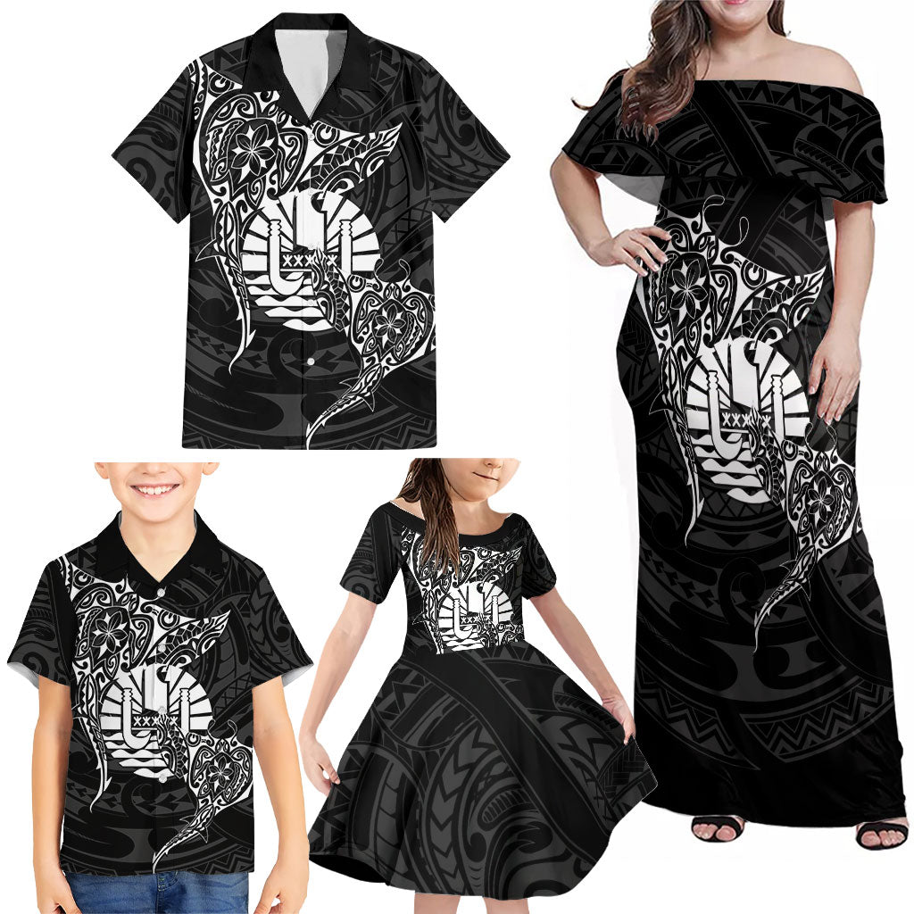 French Polynesia Manta Ray Tattoo Family Matching Off Shoulder Maxi Dress and Hawaiian Shirt Tahiti Hahalua Turtle Shark Black Color