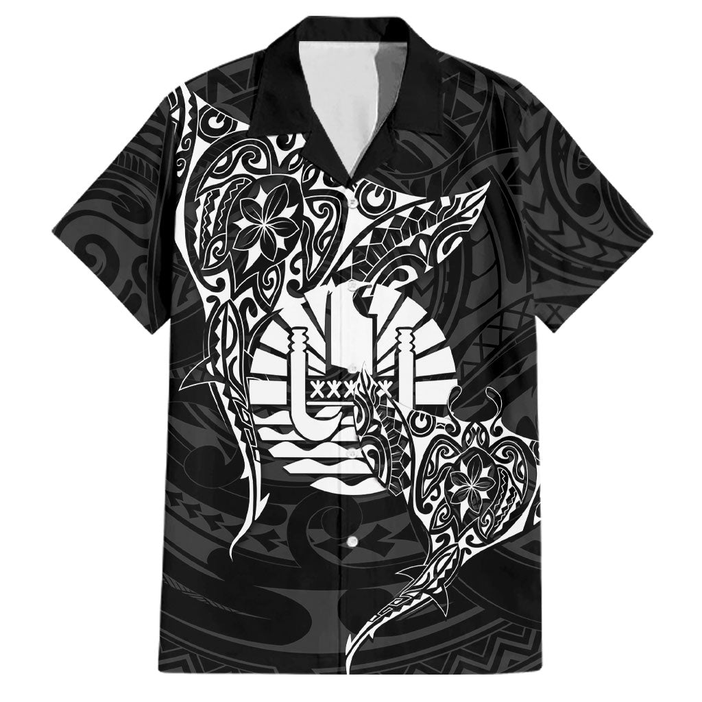 French Polynesia Manta Ray Tattoo Family Matching Off Shoulder Maxi Dress and Hawaiian Shirt Tahiti Hahalua Turtle Shark Black Color LT14 Dad's Shirt - Short Sleeve Black - Polynesian Pride