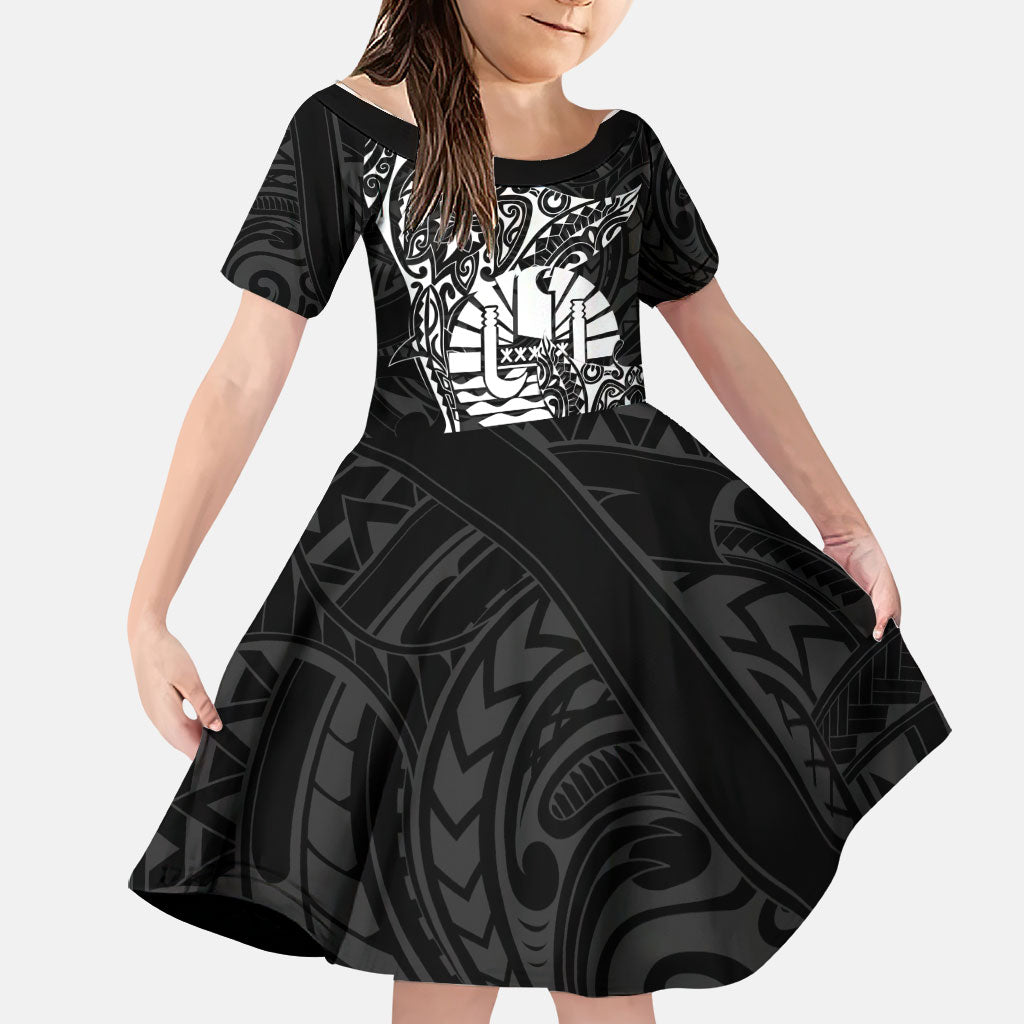 French Polynesia Manta Ray Tattoo Family Matching Off Shoulder Short Dress and Hawaiian Shirt Tahiti Hahalua Turtle Shark Black Color LT14 Daughter's Dress Black - Polynesian Pride