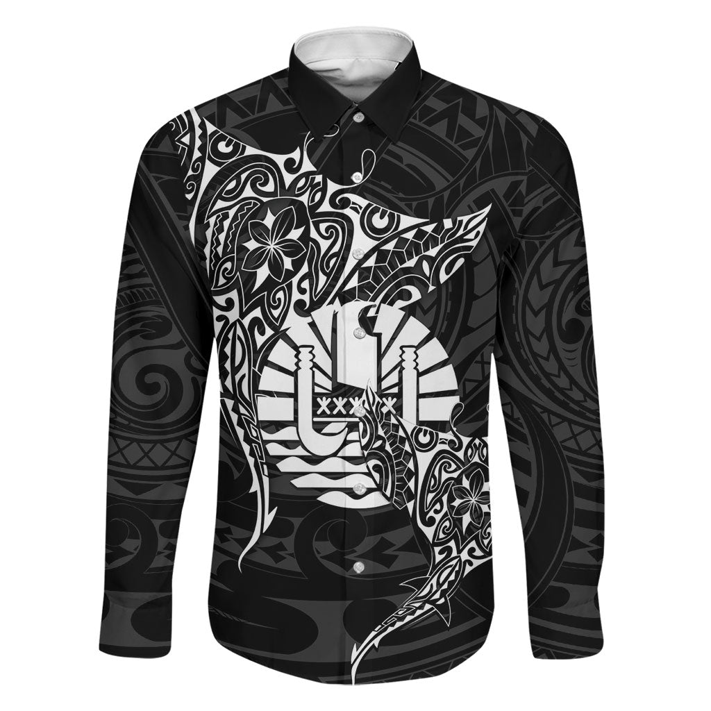 French Polynesia Manta Ray Tattoo Family Matching Short Sleeve Bodycon Dress and Hawaiian Shirt Tahiti Hahalua Turtle Shark Black Color LT14 Dad's Shirt - Long Sleeve Black - Polynesian Pride