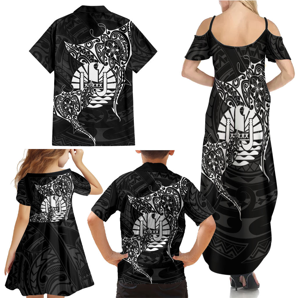French Polynesia Manta Ray Tattoo Family Matching Summer Maxi Dress and Hawaiian Shirt Tahiti Hahalua Turtle Shark Black Color LT14 - Polynesian Pride