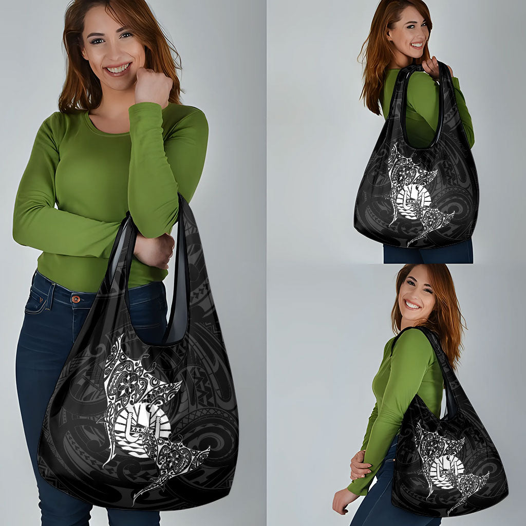 French Polynesia Manta Ray Tattoo Grocery Bag Tahiti Hahalua Turtle Shark Black Color