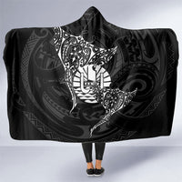 French Polynesia Manta Ray Tattoo Hooded Blanket Tahiti Hahalua Turtle Shark Black Color