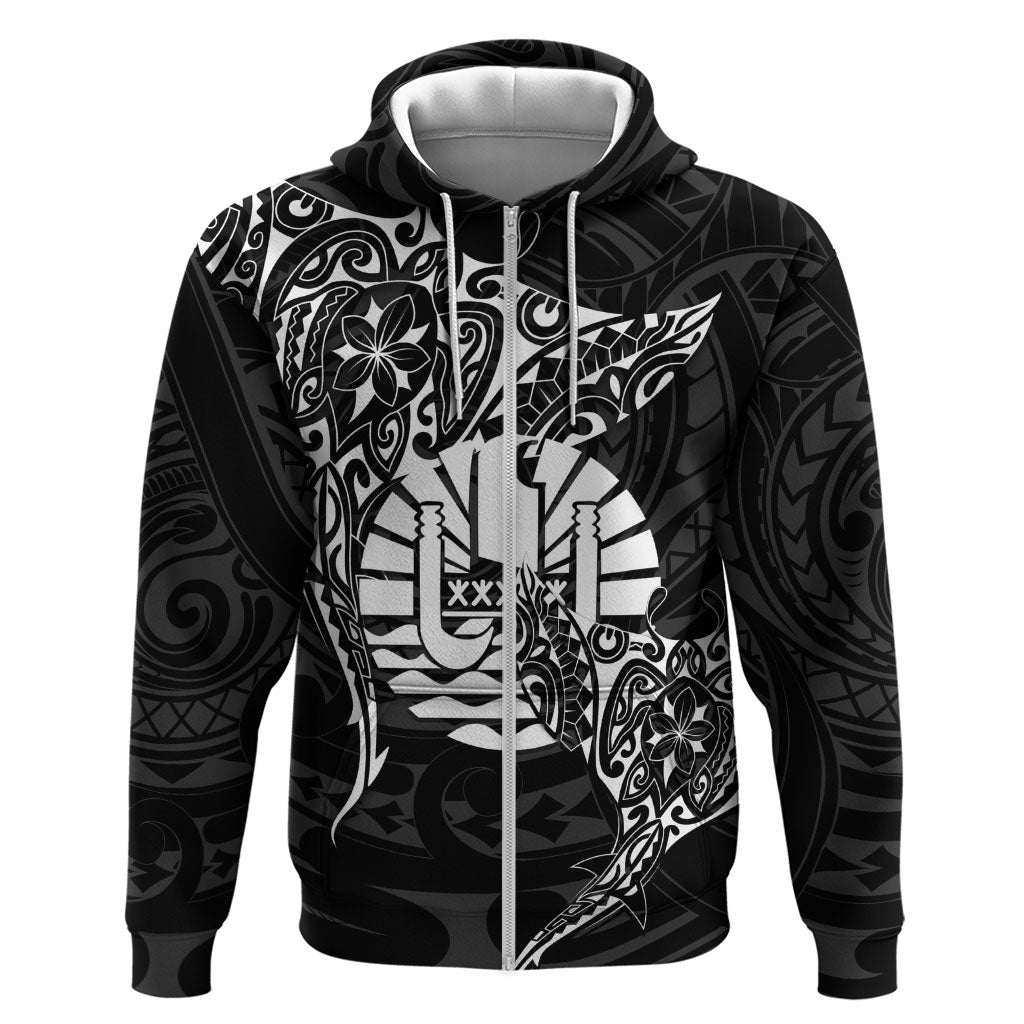 French Polynesia Manta Ray Tattoo Hoodie Tahiti Hahalua Turtle Shark Black Color LT14 Zip Hoodie Black - Polynesian Pride
