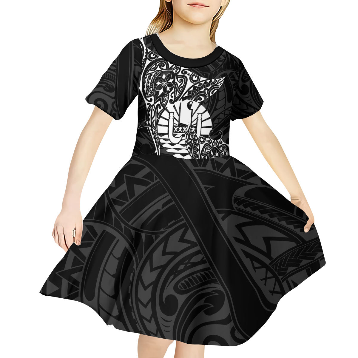 French Polynesia Manta Ray Tattoo Kid Short Sleeve Dress Tahiti Hahalua Turtle Shark Black Color LT14 - Polynesian Pride