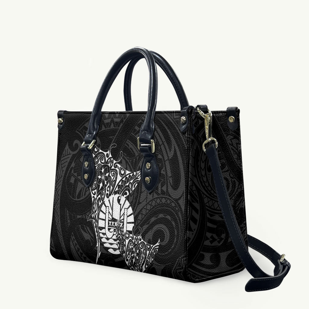 French Polynesia Manta Ray Tattoo Leather Bag Tahiti Hahalua Turtle Shark Black Color
