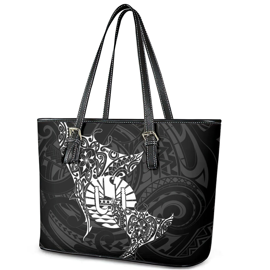 French Polynesia Manta Ray Tattoo Leather Tote Bag Tahiti Hahalua Turtle Shark Black Color