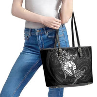 French Polynesia Manta Ray Tattoo Leather Tote Bag Tahiti Hahalua Turtle Shark Black Color