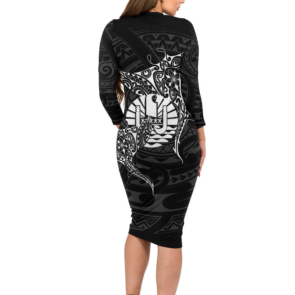French Polynesia Manta Ray Tattoo Long Sleeve Bodycon Dress Tahiti Hahalua Turtle Shark Black Color LT14 - Polynesian Pride