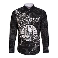 French Polynesia Manta Ray Tattoo Long Sleeve Button Shirt Tahiti Hahalua Turtle Shark Black Color