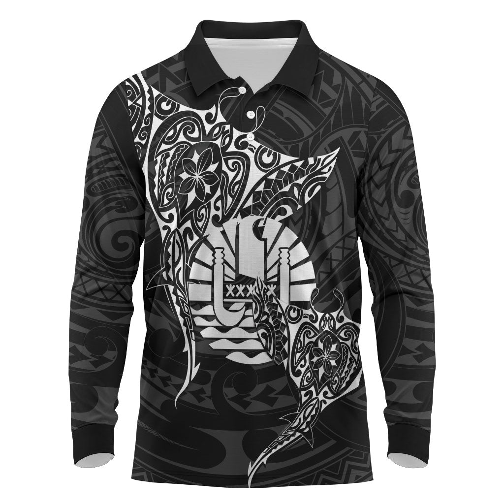 French Polynesia Manta Ray Tattoo Long Sleeve Polo Shirt Tahiti Hahalua Turtle Shark Black Color LT14 Black - Polynesian Pride