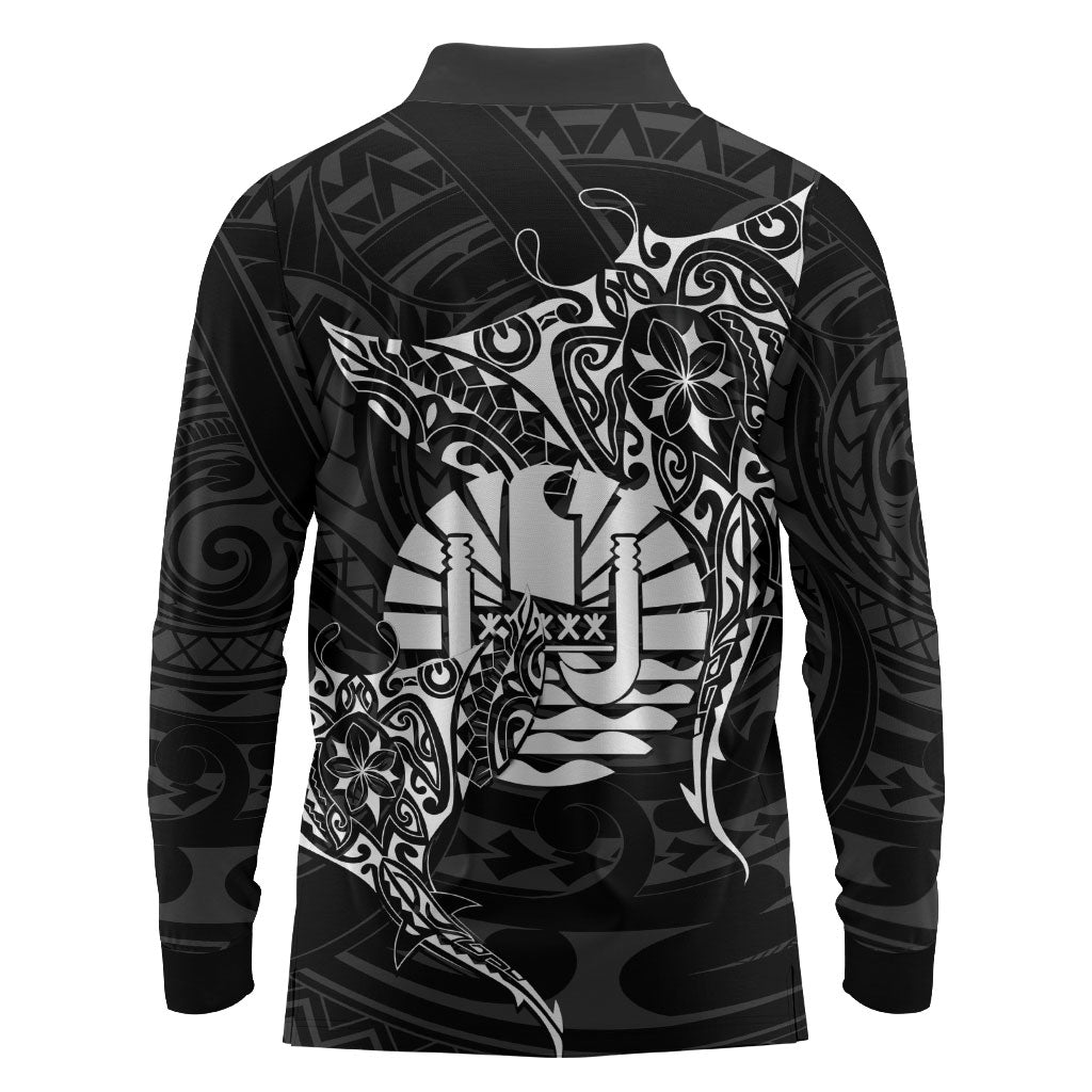 French Polynesia Manta Ray Tattoo Long Sleeve Polo Shirt Tahiti Hahalua Turtle Shark Black Color LT14 - Polynesian Pride